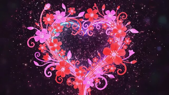 Seamlessly looping abstract motion graphic of digital red and pink floral vines organically growing around a subtle glowing neon heart outline abstract motion graphic, energy, anniversary