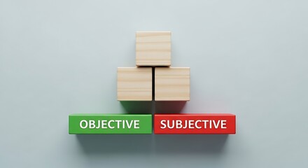 Wooden blocks contrast objective green and subjective red concepts on light background