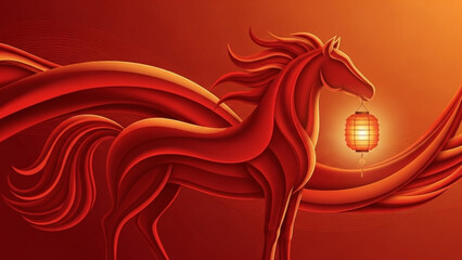 Fiery red horse illustration holding a glowing lantern symbolizing good fortune and prosperity for Chinese New Year celebrations abstract art