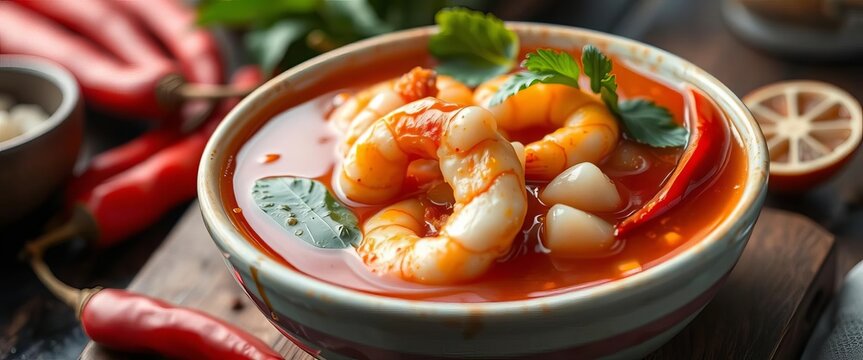 Spicy shrimp soup, iconic Thai flavor, red chili broth,  restaurant,  vector
