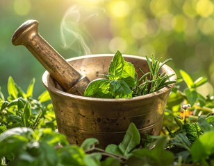 Brass mortar with herbs, steaming in sunlight. Blurred green background