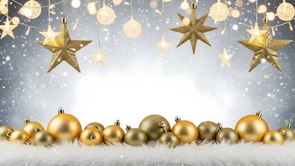 Fototapeta premium Golden Christmas ornaments and glowing lights on a snowy festive background