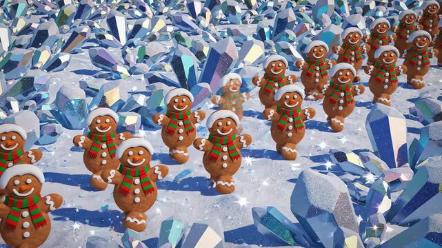 Seamlessly looping abstract motion graphic of highly stylized gingerbread snowmen marching across a field of twinkling snow crystals suitable for a festive background suitable for a festive background