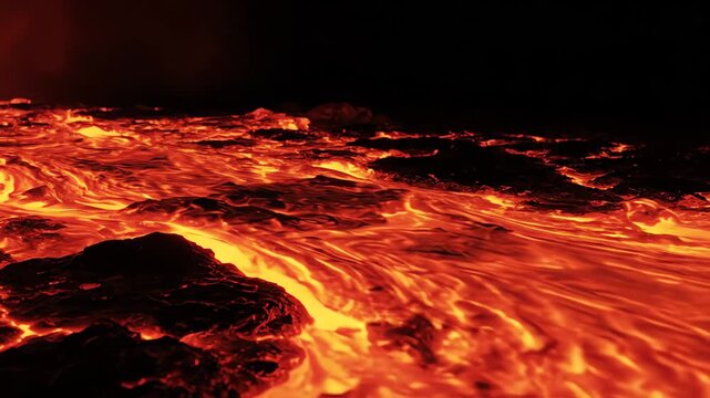 Seamlessly looping abstract motion graphic of highly viscous molten lava flowing slowly in absolute darkness rendering, geology, smooth