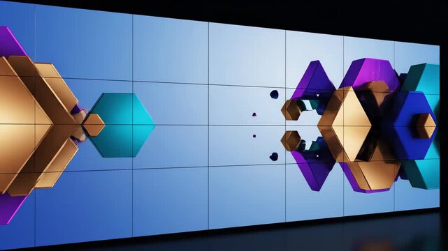Seamlessly looping abstract motion graphic of interlocking vibrant geometric segments flowing and morphing across a digital wall screen designed for corporate concept visuals wallpaper