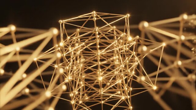 Seamlessly looping abstract motion graphic of interconnected golden lines rapidly forming a complex, strong, geometric foundational structure official, formation, ratification