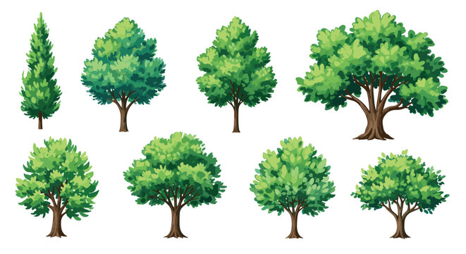 A collection of various green trees in different shapes and sizes, illustrated in a vibrant cartoon style suitable for nature and environment designs.