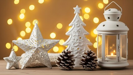 Christmas decorations with white trees stars lantern and pine cones on a wooden table with warm lighting background
