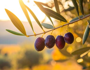Four ripe, dark olives hang from a twig, bathed in warm, golden sunlight