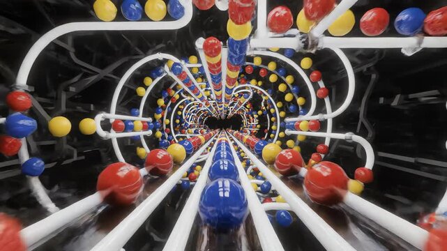 Seamlessly looping abstract motion graphic of numerous primary colored spheres flowing through a highly intricate black and white pipeline representing complex operational flow pathway, digital art