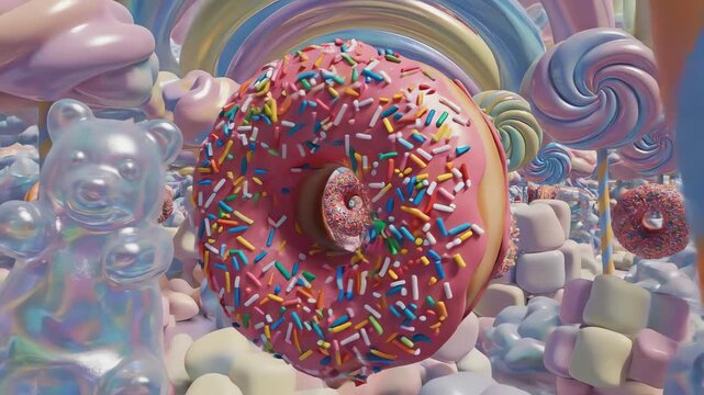 Seamlessly looping abstract motion graphic of pink glazed donuts gently floating and rotating within an endless candy dimension confectionery, endless, floating