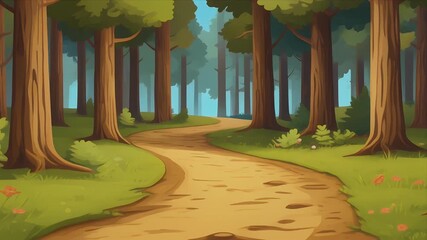 An enchanting illustration of a peaceful forest trail winding amidst tall trees and verdant growth