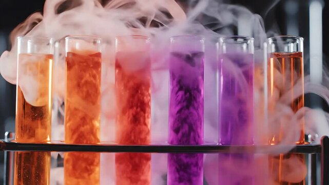 Seamlessly looping abstract motion graphic of swirling vibrant orange and violet fluids within multiple laboratory test tubes generating continuous dense mist looping, vibrant, graphic