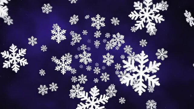 Seamlessly looping abstract motion graphic of symmetrical white snowflake patterns gently rotating and floating on a deep indigo blue background patterns, winter, geometric