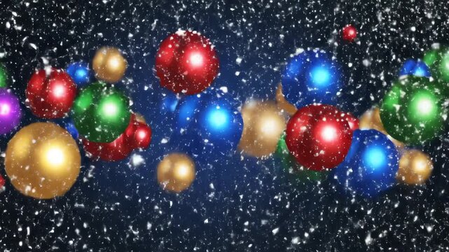 Seamlessly looping abstract motion graphic of vibrant multicolored bokeh spheres floating across the screen combined with dynamically falling realistic snow particles defocus, concept, visual effect