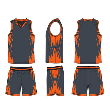 Basketball uniform design template with dark grey jersey and shorts featuring orange flame patterns, front, side, and back views.