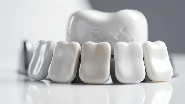 Seamlessly looping abstract motion graphic showing multiple flawless porcelain shade tabs smoothly sliding into position next to an artificial white tooth preparation science, cosmetic, professional
