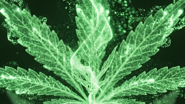 Seamlessly looping abstract motion graphic visualization of glowing green energy and particles flowing through a stylized herbal stem and leaf structure science, dynamic, connection