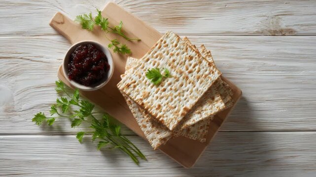 Passover Matzah Bread and Charoset with Parsley on Wooden Background