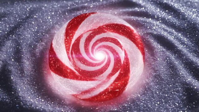 Seamlessly looping abstract motion graphics animation of a glowing peppermint spiral vortex spinning rapidly against a deep, textured, snowy background smooth transition, peppermint spiral, christmas