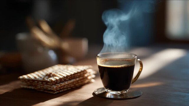Steaming Coffee and Matzah on Wooden Table during Passover Celebration