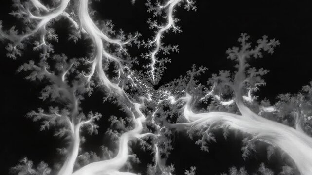Seamlessly looping abstract motion graphics animation showing complex black and white fractal vines growing and pulsating against a solid deep black void ai, dark, high contrast
