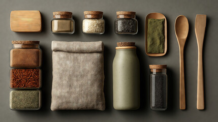 Natural toned kitchen dry goods storage with glass cork jars, linen sack, ceramic canister and wooden utensils, minimalist flat lay
