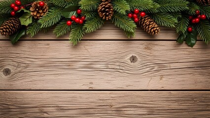 Festive christmas arrangement with pine boughs red berries and pinecones on a rustic wooden tabletop background