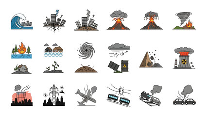 Obraz premium Set of 16 disaster icons including natural and man-made catastrophes