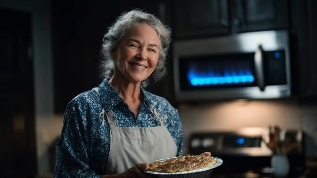 Happy mature woman holding fresh baked apple pie in modern kitchen