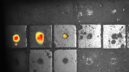 Closeup thermal imagery highlights cold zones on metal panels during a quality inspection emphasizing temperature differences with clear thermal gradients.