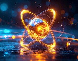 Animated 3D illustration depicts an atom's glowing core with orbits