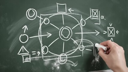 Hand Draws Complex Diagram on Chalkboard Illustrating Concept - Powered by Adobe