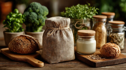 Natural healthy food still life with burlap sack, grain bread on wooden boards, glass jars and green plants