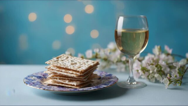 Passover Seder Table with Matzah, Wine, and Spring Blossoms