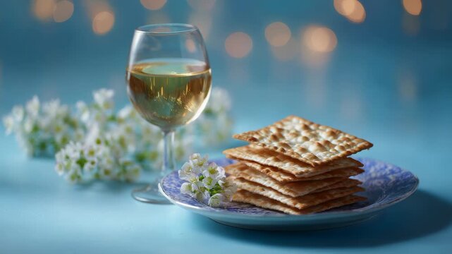Passover Celebration with Matzah, Wine, and Flowers on a Blue Surface