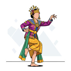 Obraz premium Illustration of a traditional Indonesian dancer performing a graceful cultural dance in vibrant attire and a golden crown.