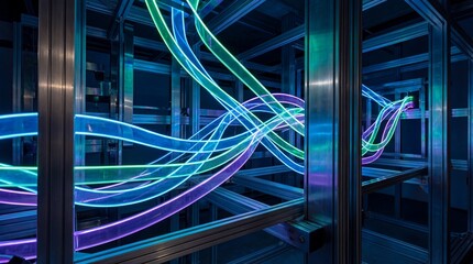 Abstract Neon Light Trails Swirling Through Industrial Metal Structure In Dark Blue Environment