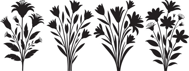 Stylish black floral silhouettes with decorative wild plants isolated on white background