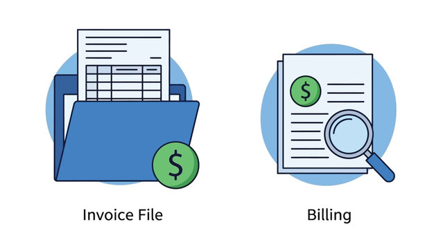 Vector illustration of Business billing and invoice file icons with dollar signs and magnifying glasses