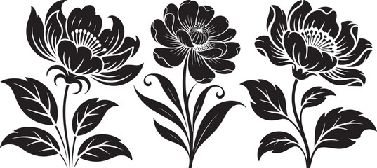 Elegant black floral silhouette design with decorative flowers and leaves isolated on white background