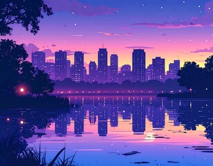 Animated cityscape scene reflecting in calm water at twilight