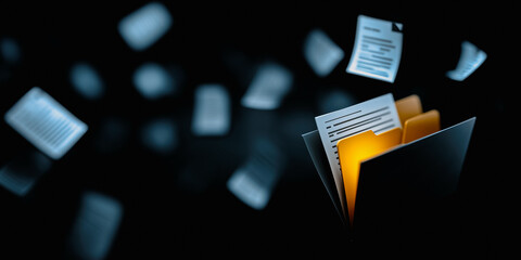 A digital transformation illustration featuring an open file folder overflowing with floating documents symbolizing data, information, and the flow of ideas.