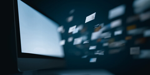 An advanced computer monitor shows a digital display with modern information, data. Abstract, creative display featuring floating images.