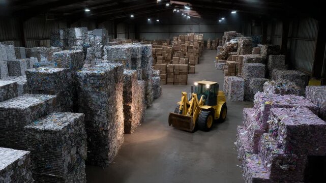 Bales of recycled material in a warehouse with a front loader
