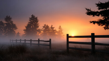 Lost in the Thick Fog at a Farmhouse with Pine Trees and a Wooden Fence during a Dark Sunrise in a Forest Scene