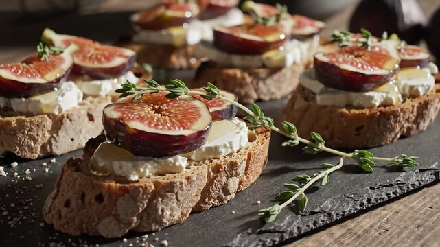 Rustic Fig and Goat Cheese Crostini with Honey and Thyme on a Slate Platter