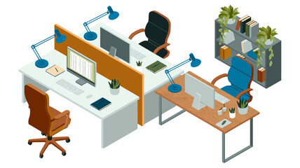 Modern isometric office workspace featuring desks, computers, and office supplies, vector illustration showcasing organized work environment, productivity, business interior, flat design, collaborativ