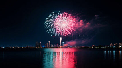 Spectacular Fireworks Display Over City Skyline Reflected in Water.