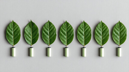 Eco Pattern line of battery icons made from leaves showing charge levels, energy metaphor